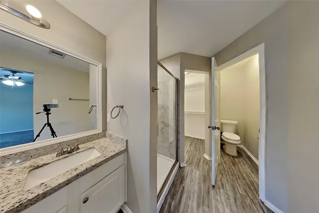 a bathroom with a granite countertop sink a toilet and a large mirror