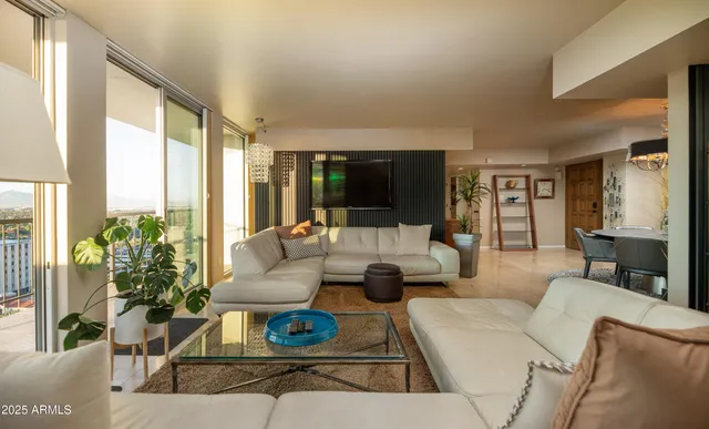 a living room with furniture potted plant and a large window