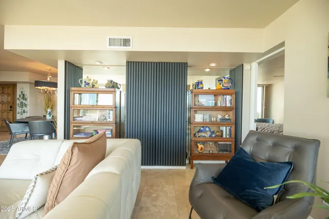 a view of a dining room with furniture