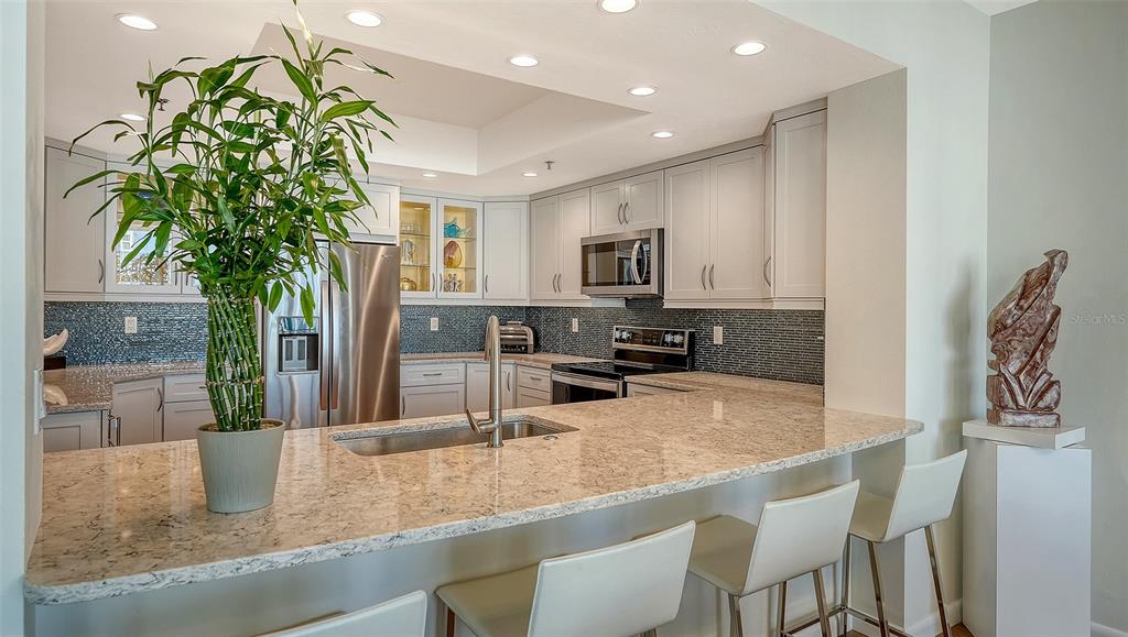 1255 North Gulfstream Avenue, Unit 1101 Sarasota, FL 34236 - Photo 27 of 75 a kitchen with granite countertop a counter space cabinets and potted plant
