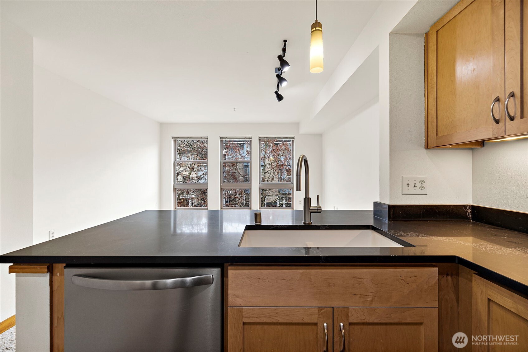 827 Hiawatha Place South, Unit 313 Seattle, WA 98144 - Photo 9 of 25 a kitchen with granite countertop a sink a stove and cabinets