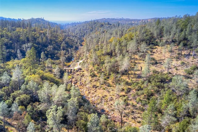 a view of a dry yard with mountains in the background