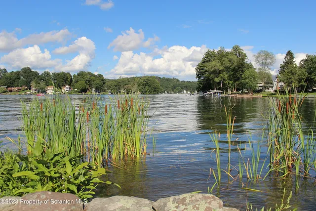 a view of a lake with a big yard