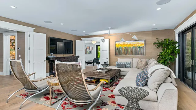 a view of a hallway with a large window