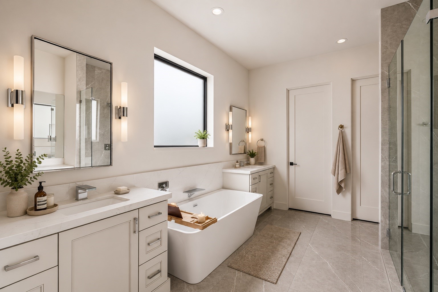 4638 Merwin Street Houston, TX 77027 - Photo 19 of 42 The luxurious ensuite bath features dual vanities with waterfall faucets, a soaking tub & a spacious walk-in shower with Hansgrohe and Toto fixtures.