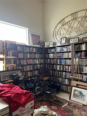 a bedroom with furniture and a book shelf
