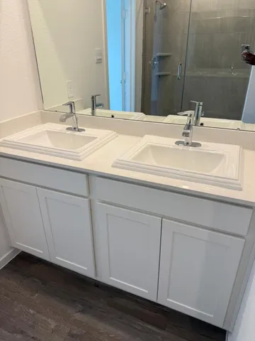 a bathroom with a sink and a mirror
