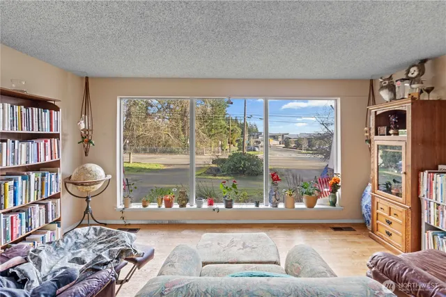 a living room with furniture and a book shelf