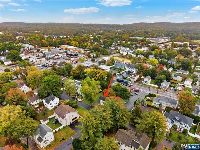 an aerial view of residential houses with outdoor space and trees