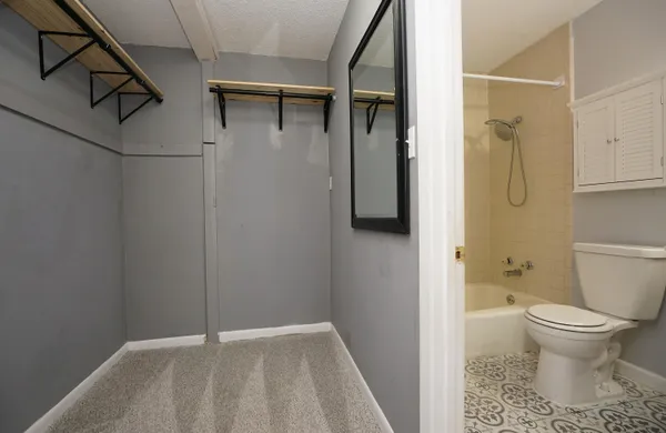a bathroom with a toilet and a shower