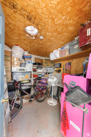 1225 North Dixie Downs Road, Unit 161 St. George, UT 84770 - Photo 18 of 21 Storage space featuring exposed OSB ceiling and walls, a circular skylight, built-in shelving, concrete flooring, and a solid door