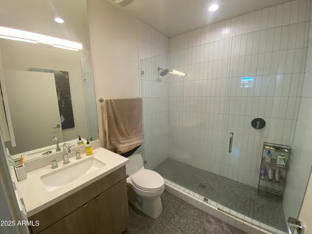 a bathroom with a sink a toilet and shower