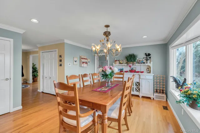 a dining room with furniture potted plants and wooden floor