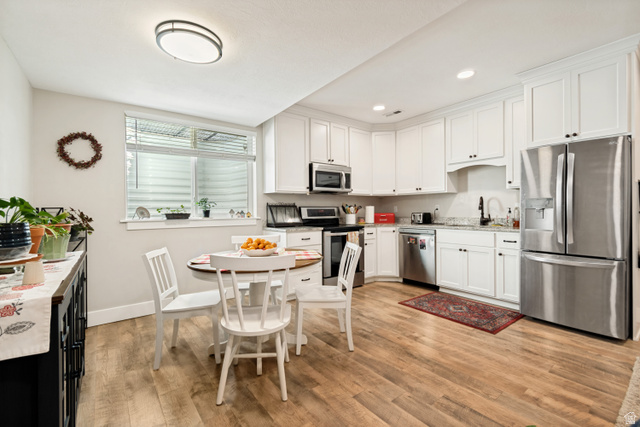 332 South 500 West Payson, UT 84651 - Photo 43 of 50 Accessory apartment kitchen featuring white cabinetry with dark hardware, stainless steel appliances, and a light-toned wood style lvp flooring
