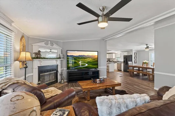 a living room with furniture a flat screen tv and a fireplace