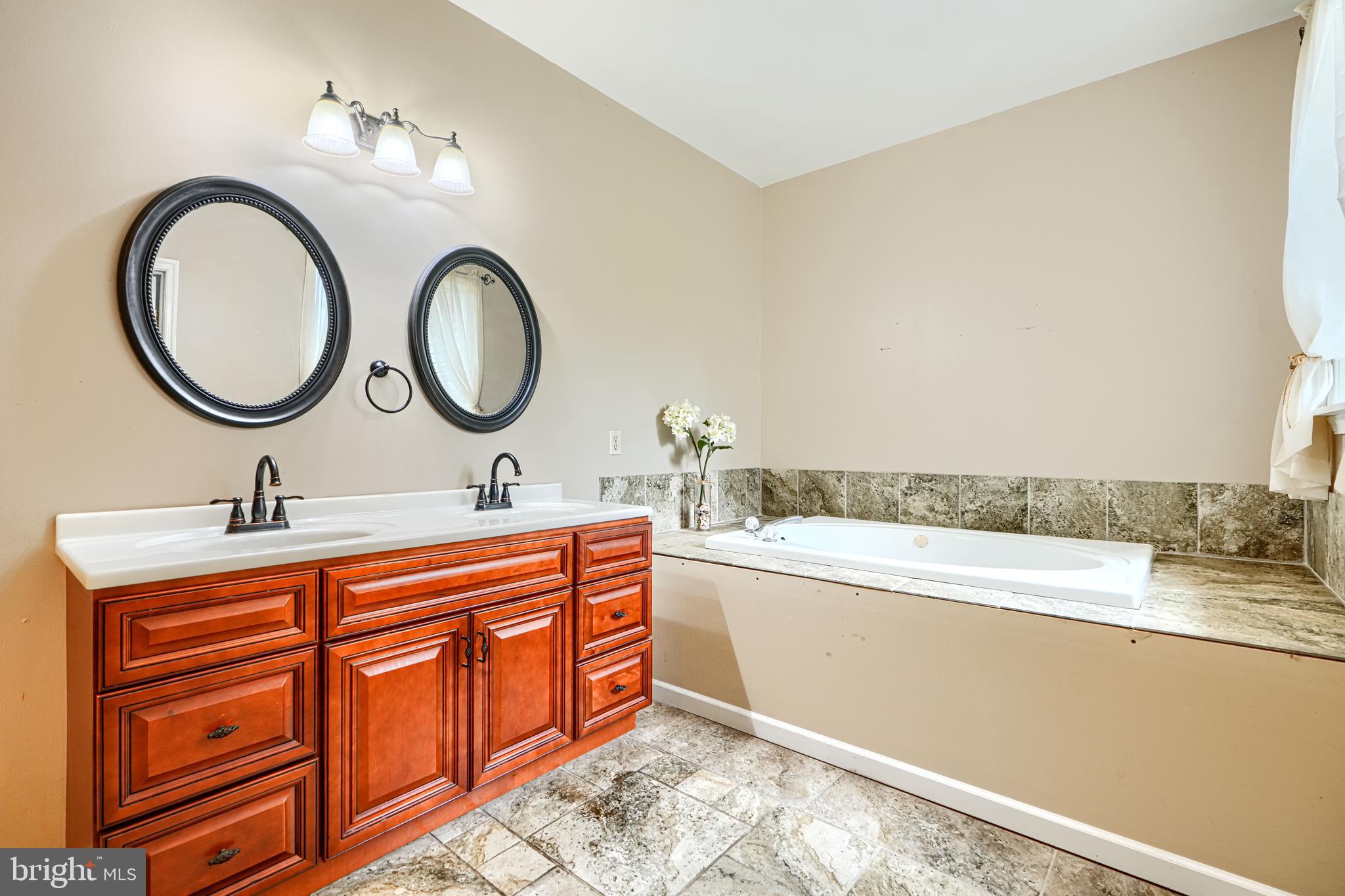 544 Elk Mills Road Elkton, MD 21921 - Photo 33 of 65 a spacious bathroom with a granite countertop sink and a mirror