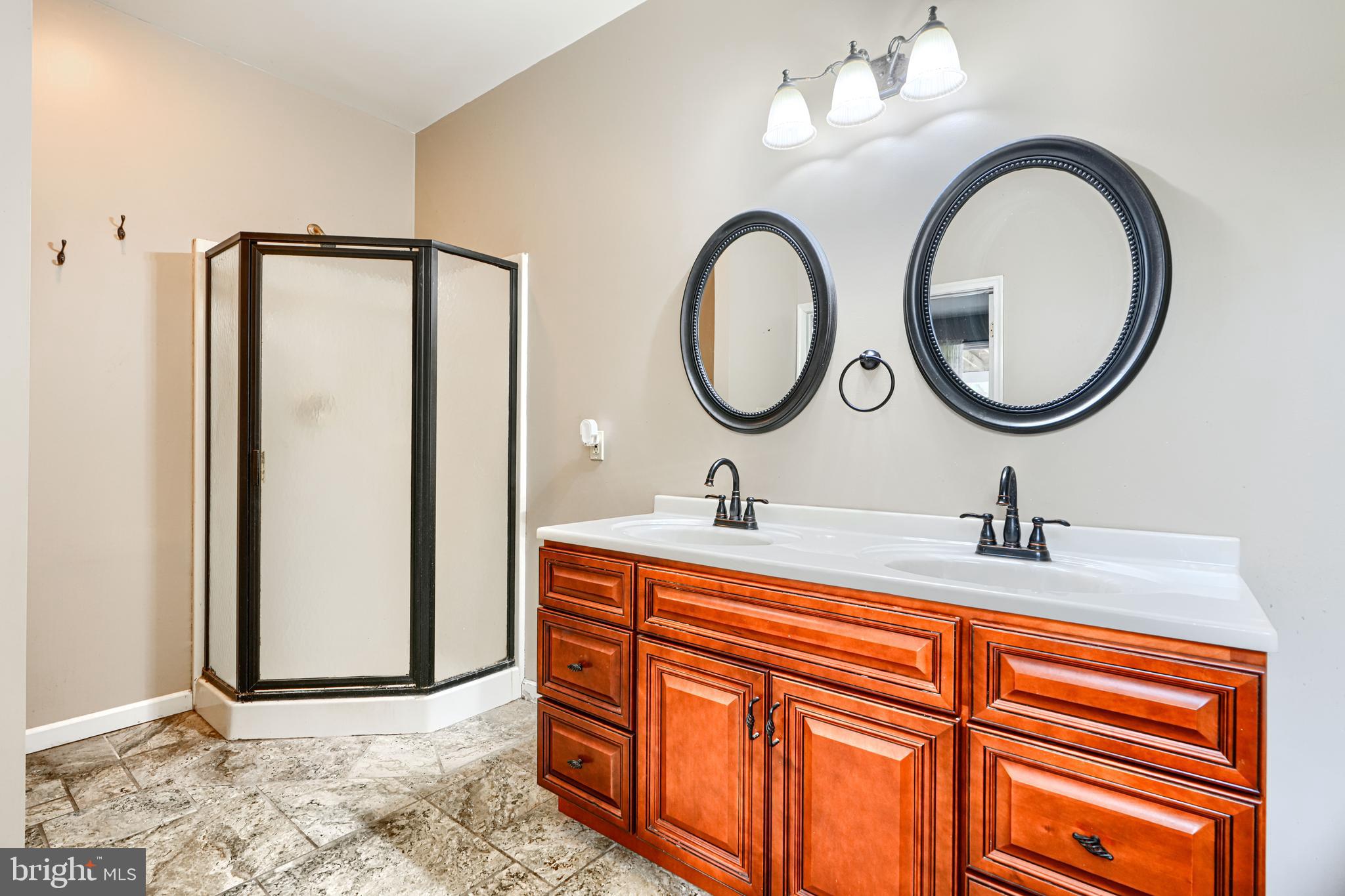 544 Elk Mills Road Elkton, MD 21921 - Photo 36 of 65 a bathroom with a sink a mirror and a shower