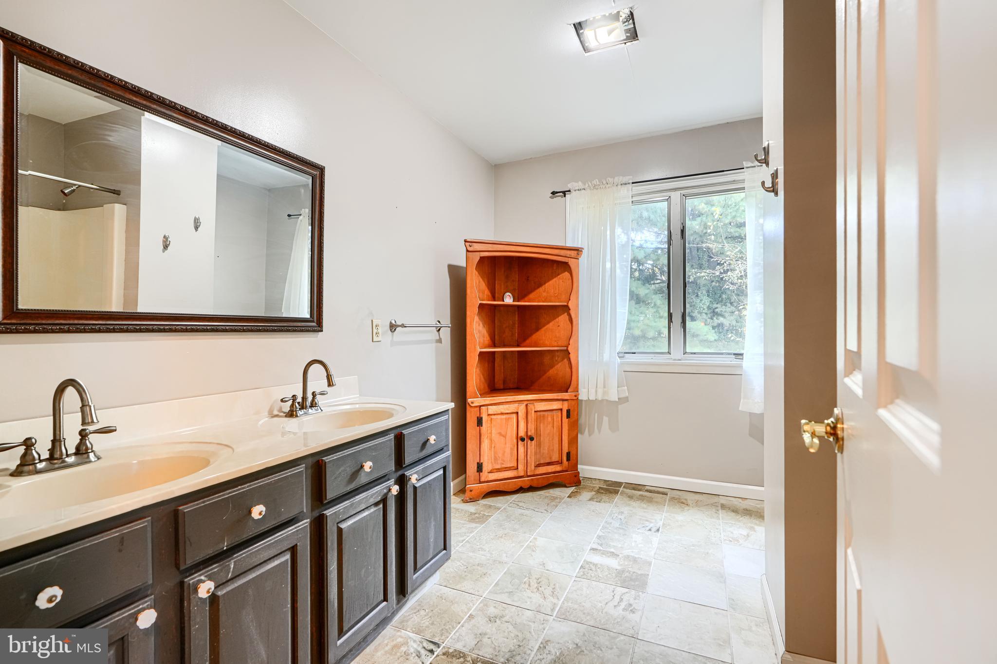 544 Elk Mills Road Elkton, MD 21921 - Photo 42 of 65 a bathroom with a double vanity sink a mirror and next to a window