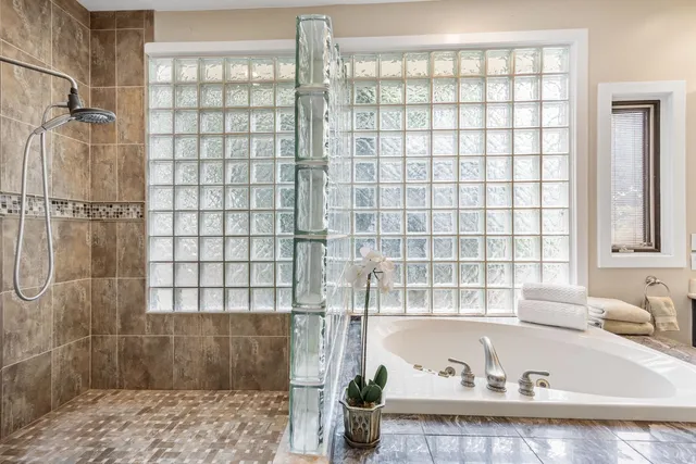 a bathroom with a bathtub and a shower