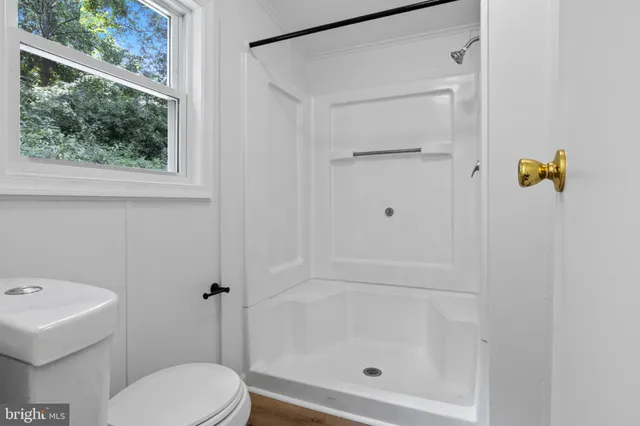 a bathroom with a shower and toilet