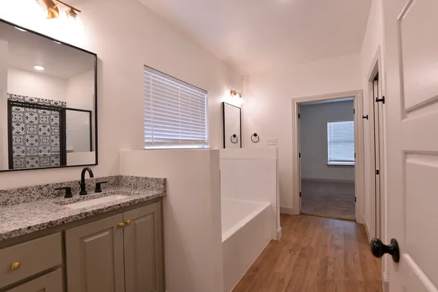 a bathroom with a shower curtain