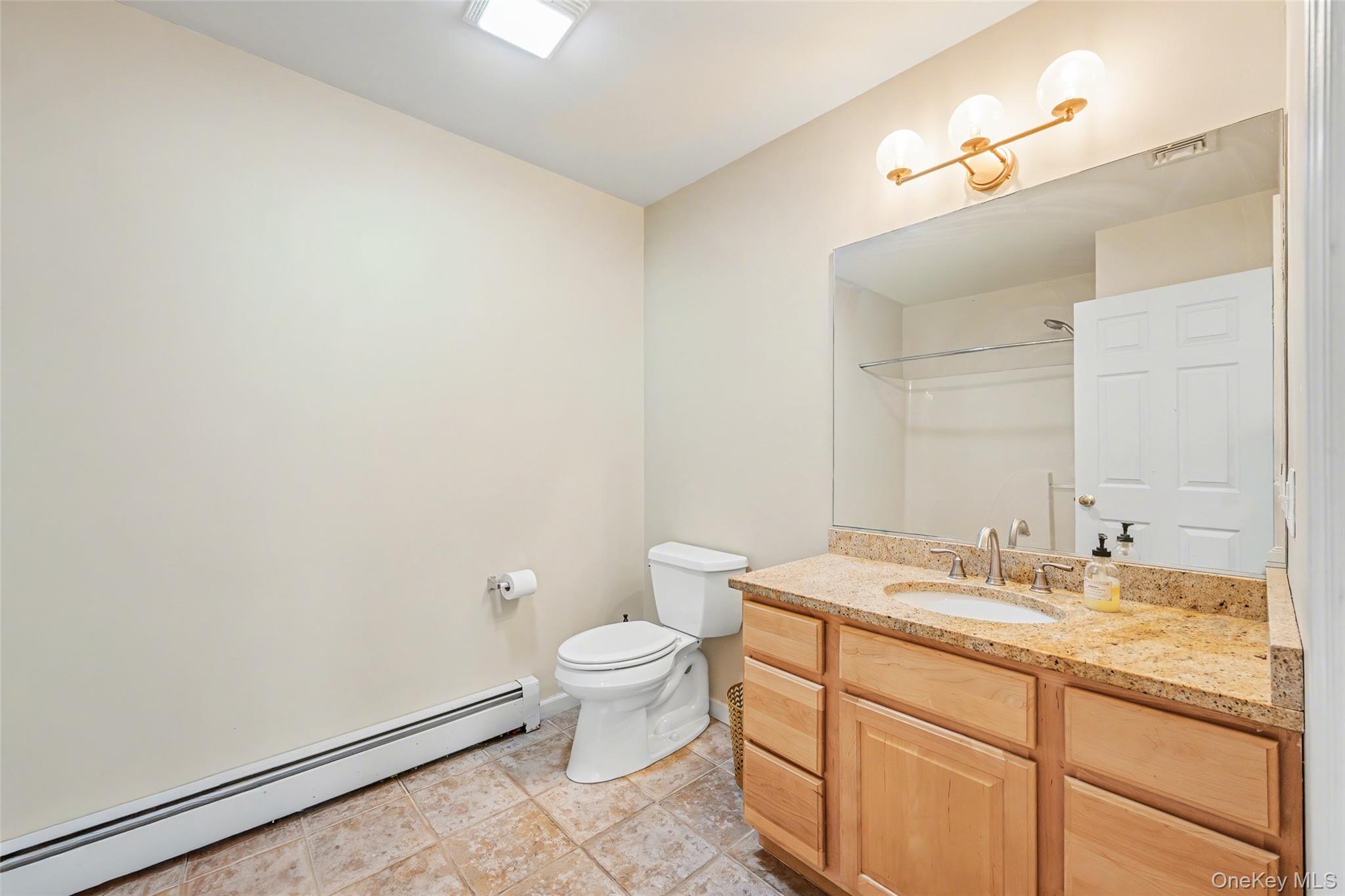 67 Liberty Corners Road Pine Island, NY 10969 - Photo 30 of 42 a bathroom with a granite countertop sink a toilet and a mirror