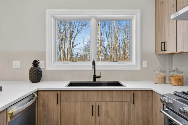 a kitchen with a sink a window and cabinets