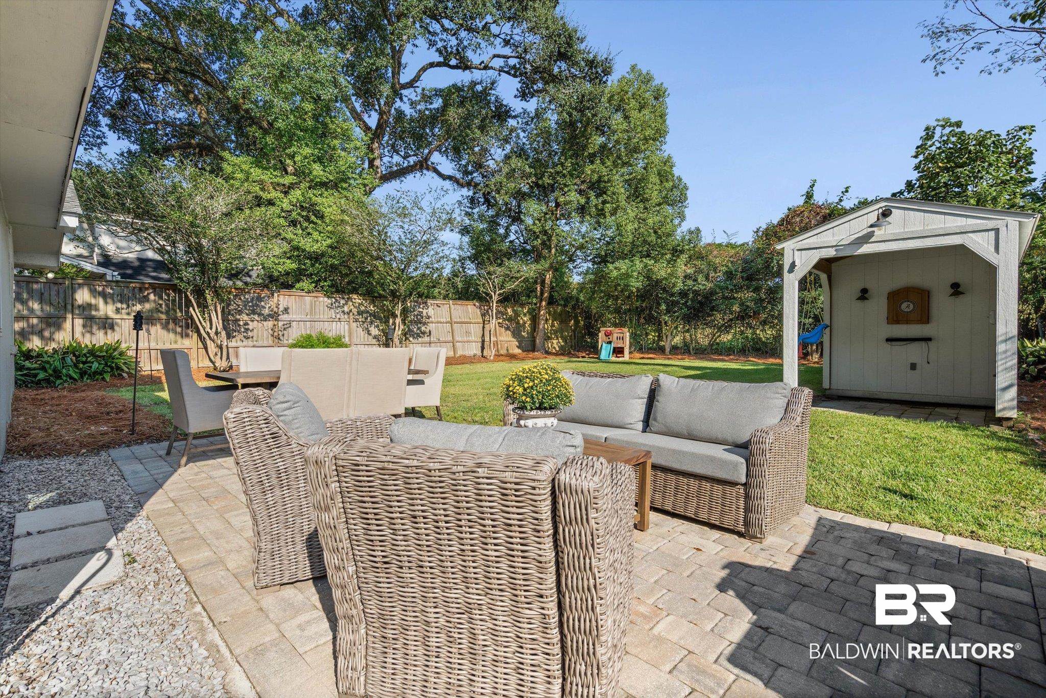 4310 The Cedars Avenue Mobile, AL 36608 - Photo 23 of 32 Fenced backyard featuring a storage shed, outdoor lounge area, a patio, and a playground