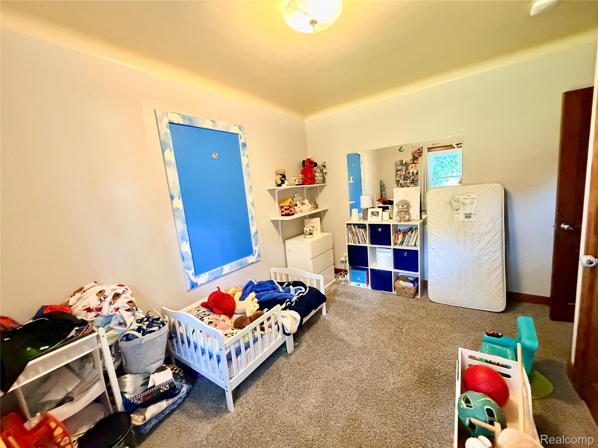 3840 East Dunbar Road Monroe, MI 48161 - Photo 27 of 38 Carpeted room featuring a built-in wall niche with shelving, overhead light fixture, and a wood-finish door