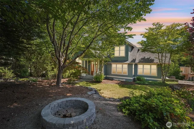 a street view with large trees