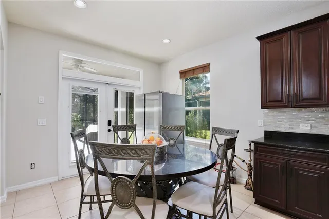 a view of a dining room with furniture window and outside view