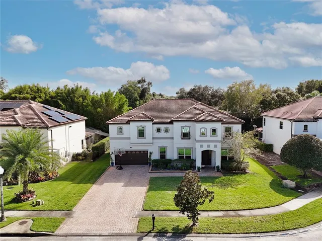 an aerial view of residential house with outdoor space and swimming pool