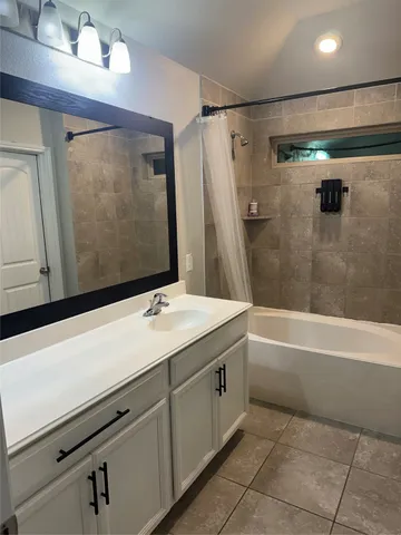 a bathroom with a bathtub sink vanity and mirror