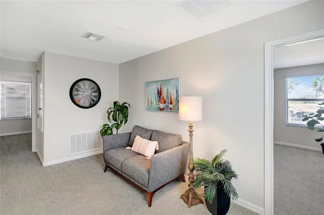 a living room with furniture and a potted plant