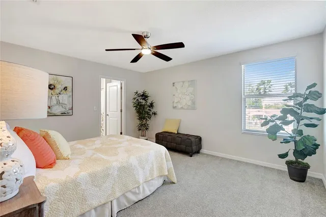 a bedroom with a bed chandelier and a window