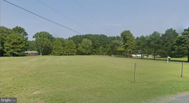 a view of a field with trees in the background