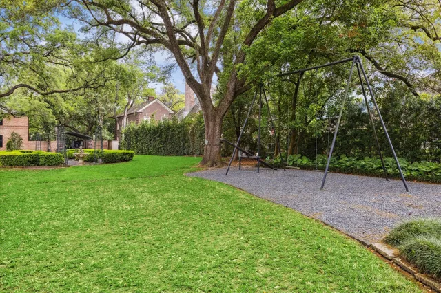 a view of a park with large trees