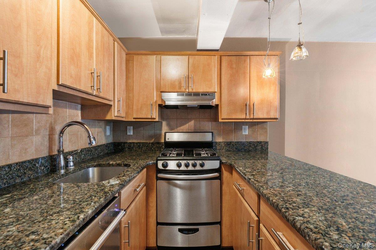2 Overlook Road, Unit 1B7A White Plains, NY 10605 - Photo 8 of 18 a kitchen with granite countertop a sink a stove and cabinets