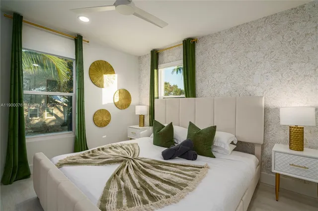 an aerial view of a house with a garden