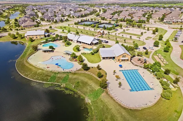 an aerial view of a swimming pool