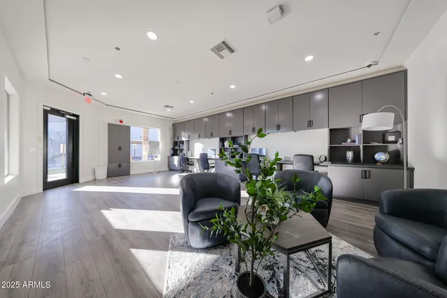 a living room with furniture and a potted plant
