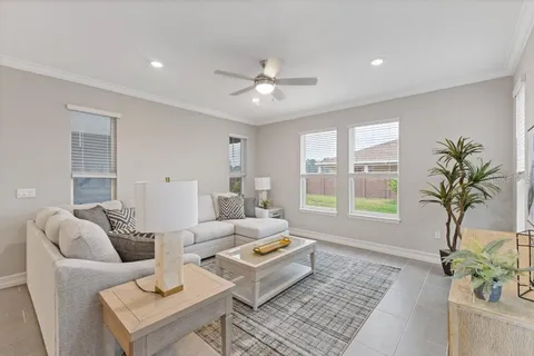 a living room with furniture and a potted plant