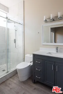a bathroom with a bathtub shower sink vanity and toilet