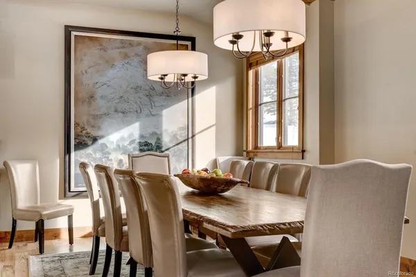 a view of a dining room with furniture and window