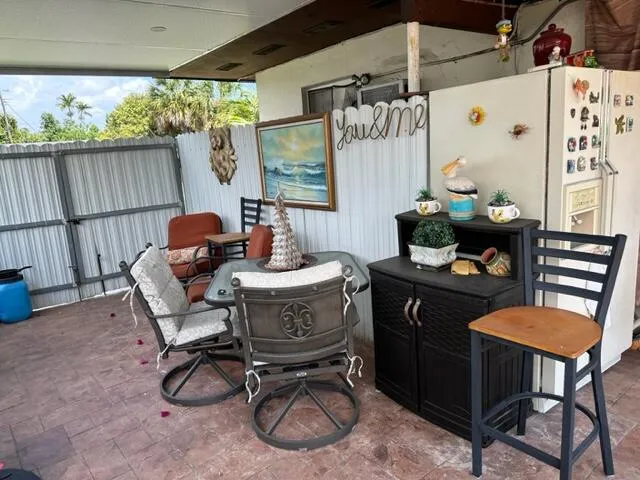 a garden view with a seating space