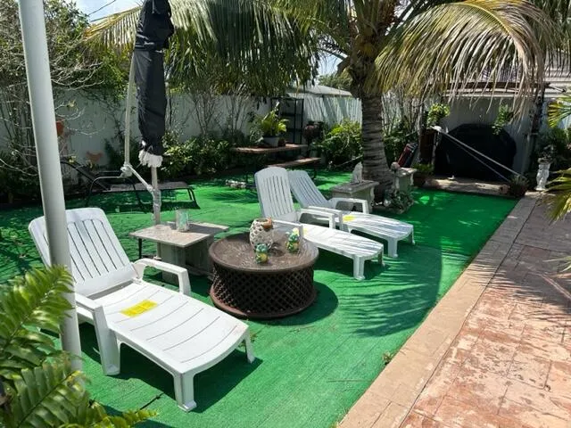 a backyard with potted plants and large tree