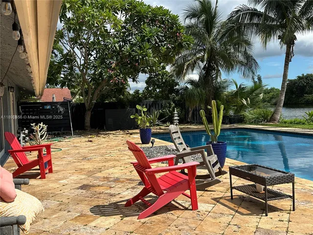 a view of a backyard with plants and lake view