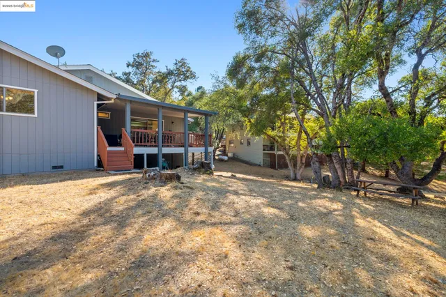 a view of a house with a backyard and tree