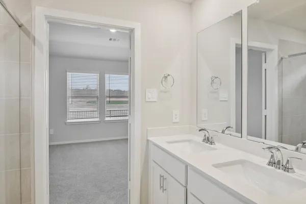 a bathroom with a sink double vanity and a mirror
