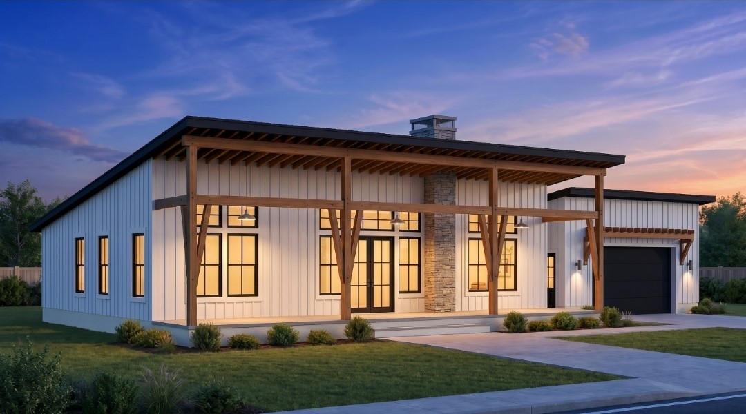 A striking modern farmhouse boasts a welcoming covered porch and attached garage.